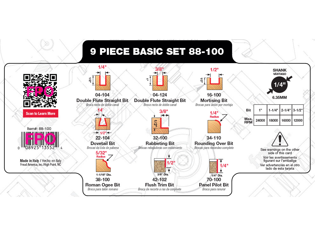 Retail packaging layout for a router bit set featuring product organization and merchandising information.