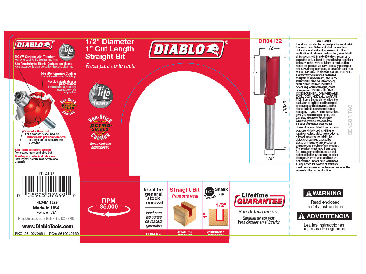 Diablo product label design showing technical specifications, branding, and packaging graphics.