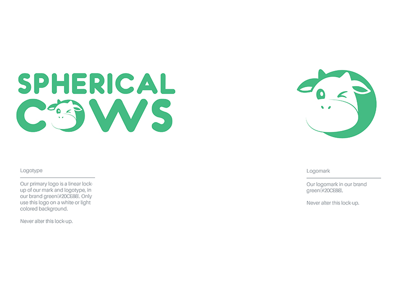 Spherical Cows primary logo and cow icon logo mark displayed with usage guidelines and spacing examples.