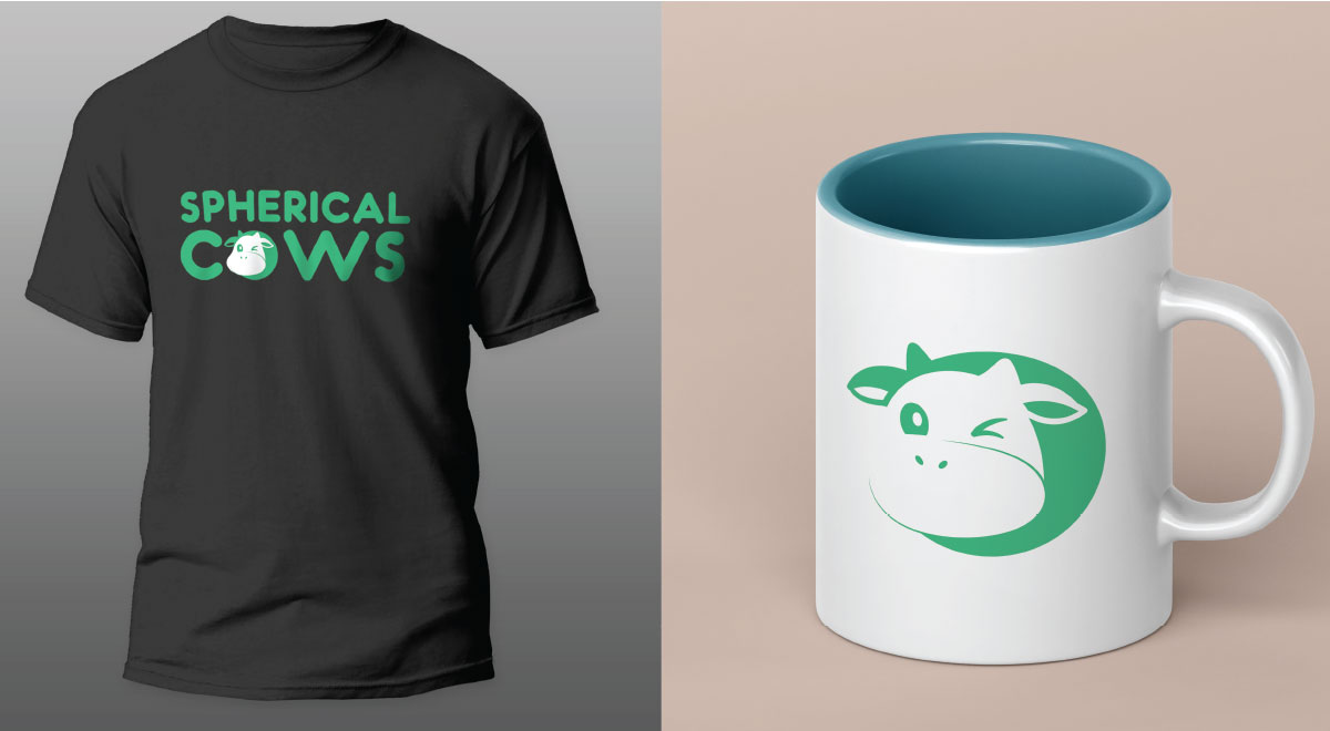 Branded merchandise mockups including a Spherical Cows T-shirt and coffee mug.