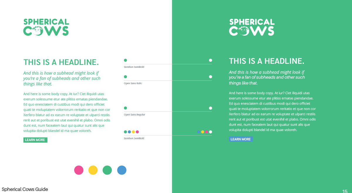 Spherical Cows digital layout guidelines showing branded web content on white and green backgrounds.