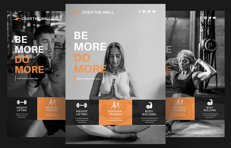 Collection of Over The Wall Fitness marketing materials featuring fitness-focused advertisements, training services, and promotional layouts.