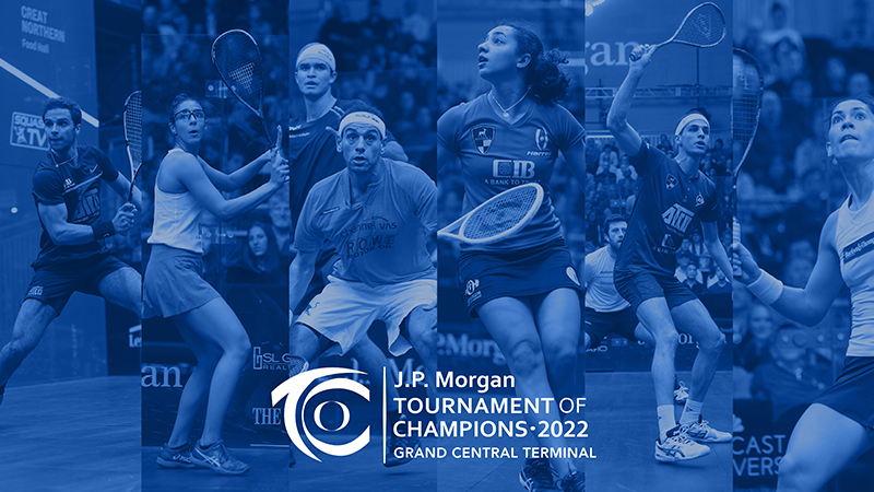 Blue-toned promotional graphic featuring multiple professional squash players in action with the J.P. Morgan Tournament of Champions 2022 logo.