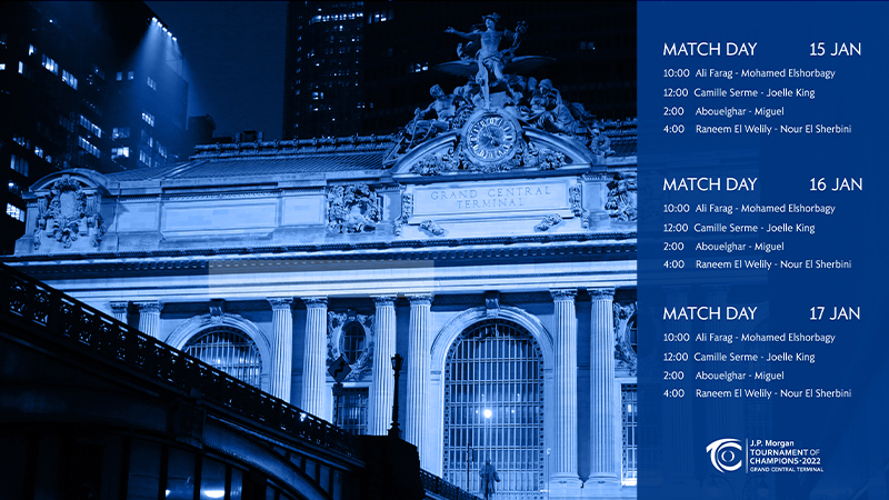 Event schedule graphic featuring Grand Central Terminal architecture, tournament match times, and Tournament of Champions branding.