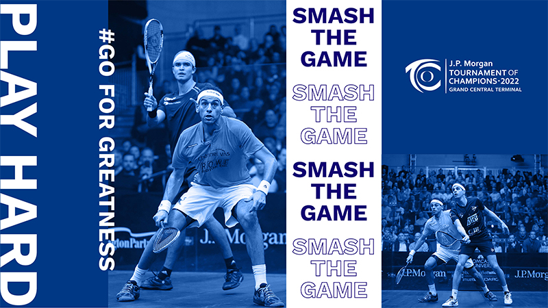 Tournament of Champions promotional graphic featuring squash athletes and event branding in a blue and white layout.