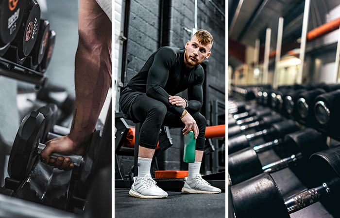 Three-panel fitness collage featuring a close-up of a hand lifting a dumbbell, an athlete resting between exercises, and a row of dumbbells in a gym.