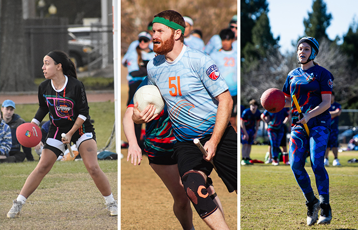 Quadball player carrying the ball during gameplay at a national competition.