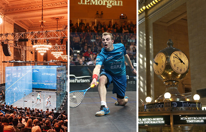 Three-panel collage featuring a squash court competition inside Grand Central Terminal, a professional squash player lunging for a shot during a match, and the iconic Grand Central Terminal information clock.