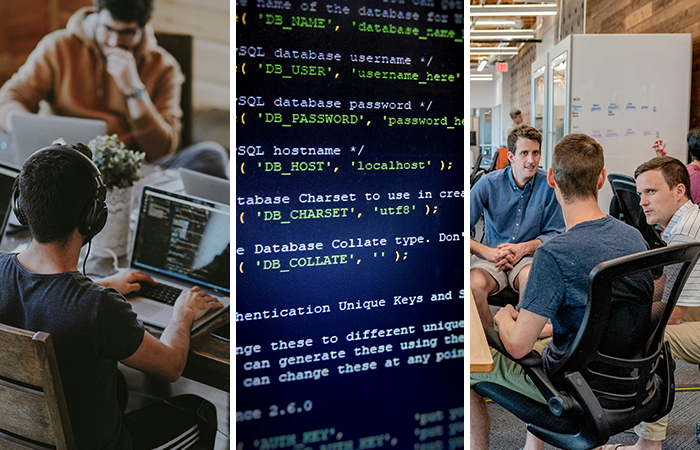 Three-panel collage featuring software development and collaboration, including a developer working at a laptop, a close-up of computer code, and a team discussion in a modern office.