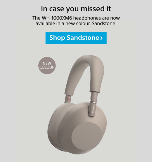 Sony headphone promotional module showcasing product imagery, pricing, and key product details.