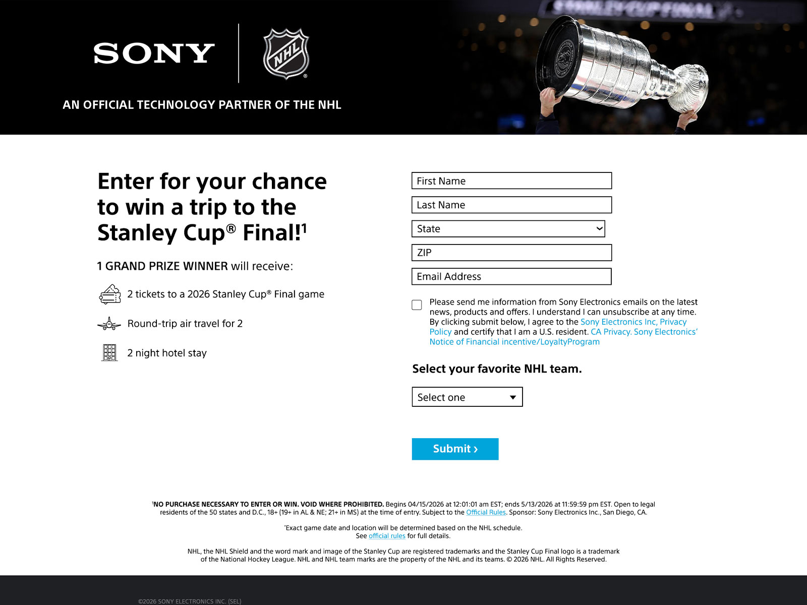 Sony INZONE gaming sweepstakes landing page featuring product prizes and entry form components.