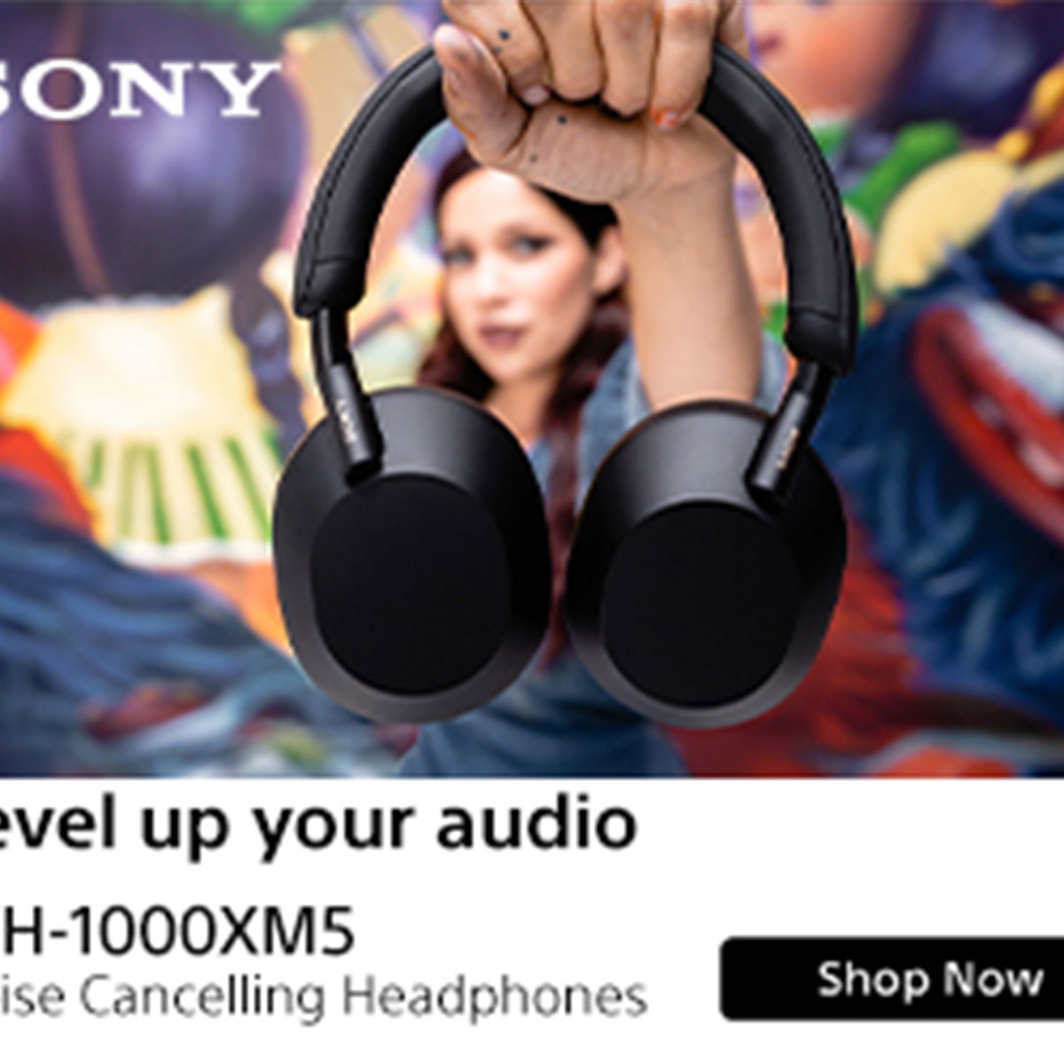 Sony WH-XB910N headphones promotional creative highlighting product benefits and shopping opportunities.