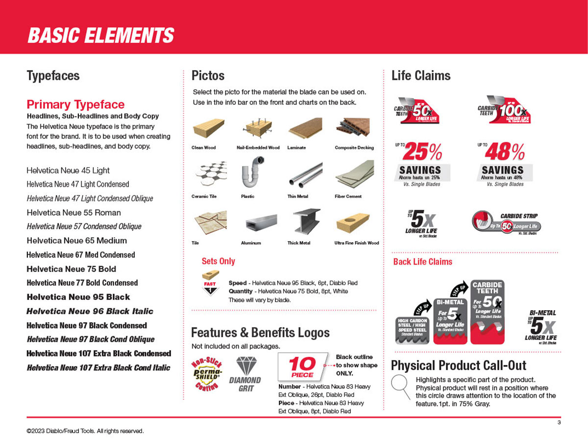 Diablo brand guidelines outlining typography, imagery standards, product claims, and visual identity elements.