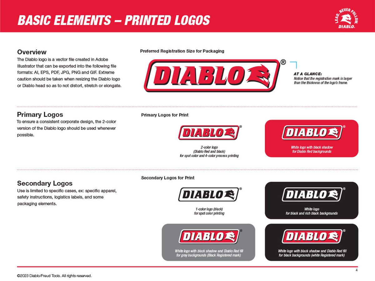 Diablo logo standards showing approved logo variations, sizing requirements, and print applications.