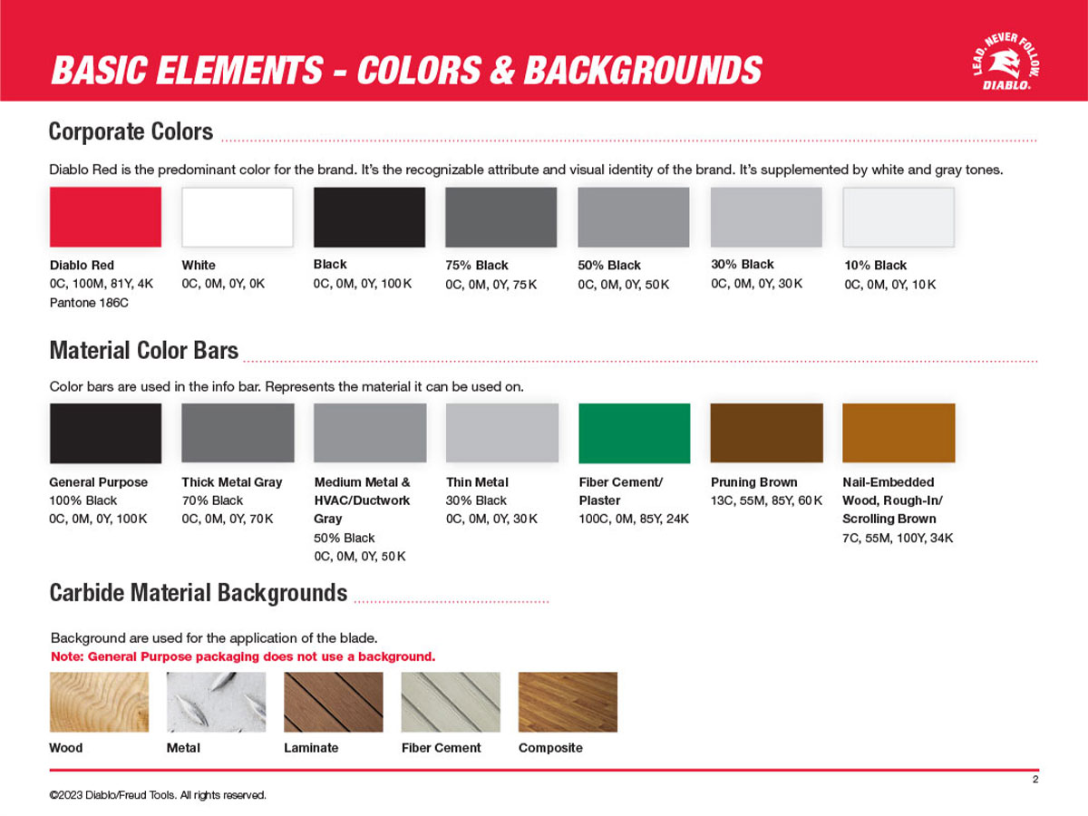 Diablo brand standards defining corporate colors, material color systems, and approved background applications.