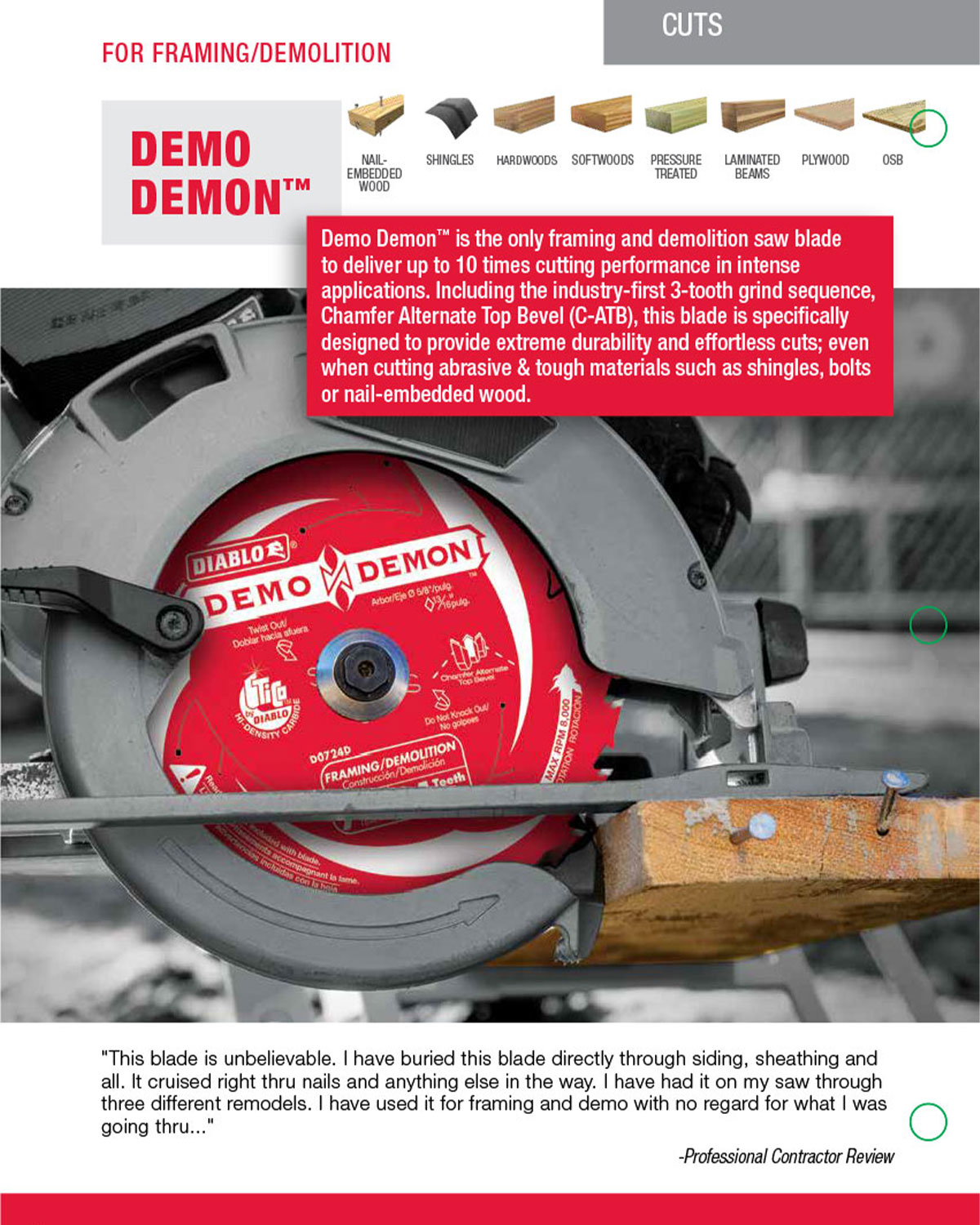 Diablo product catalog page highlighting circular saw blade features, benefits, and product positioning.