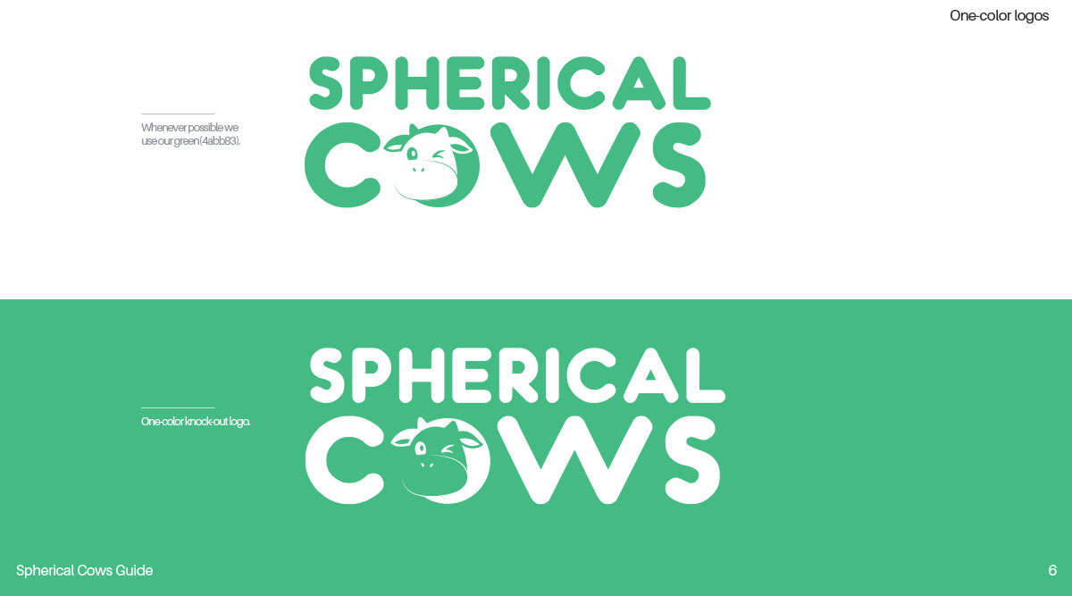 Spherical Cows brand guide showing one-color logo variations on white and green backgrounds.