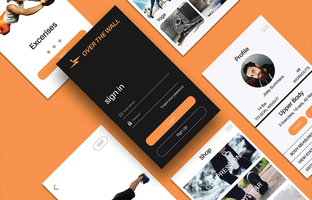 Over The Wall Fitness digital experience concept across multiple devices.