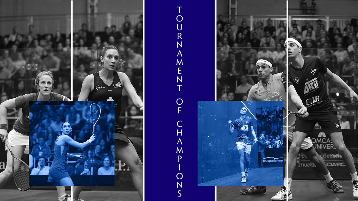 Tournament of Champions promotional poster featuring professional squash players, layered photography, and event branding.