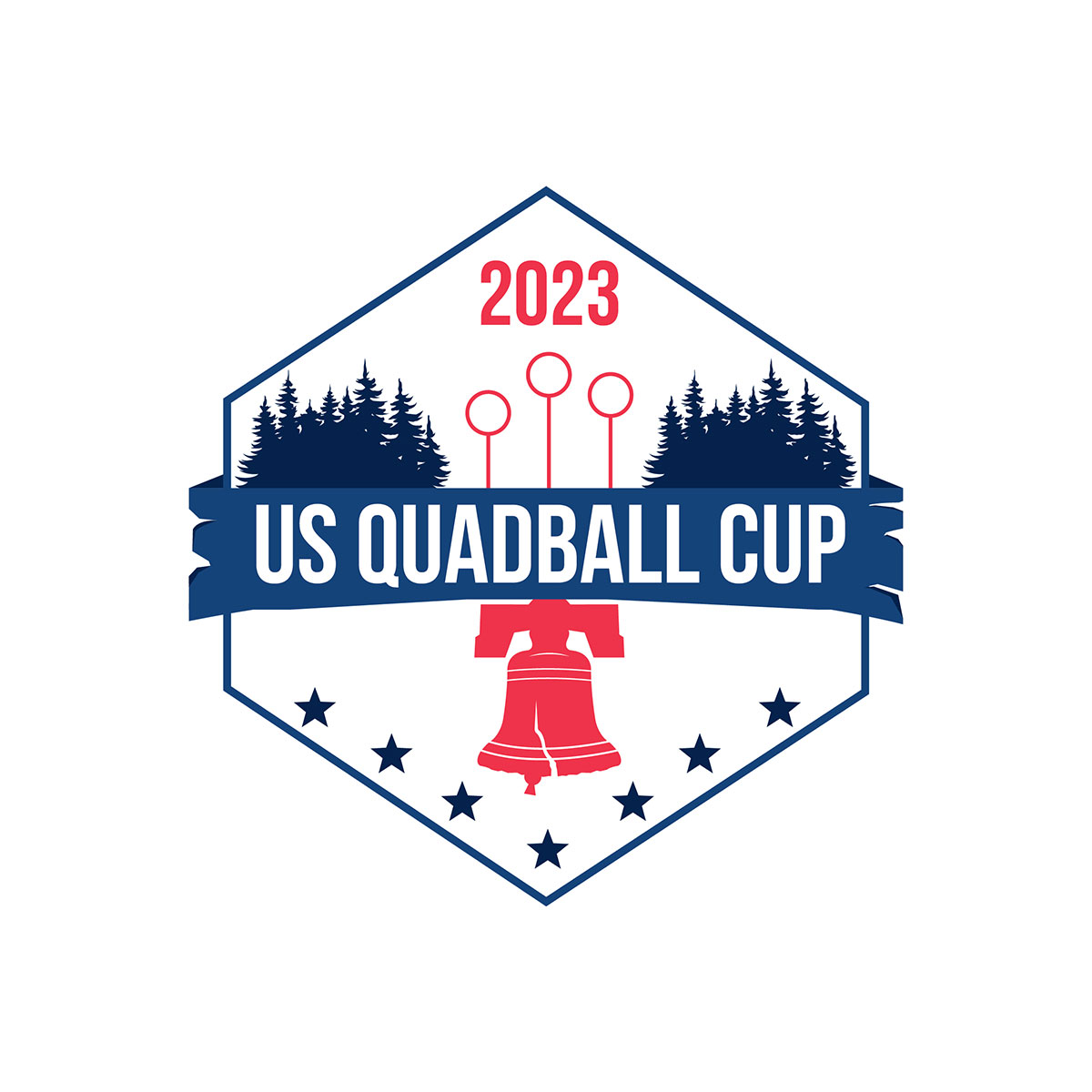 Event logo for the 2023 US Quadball Cup featuring Philadelphia-inspired iconography.