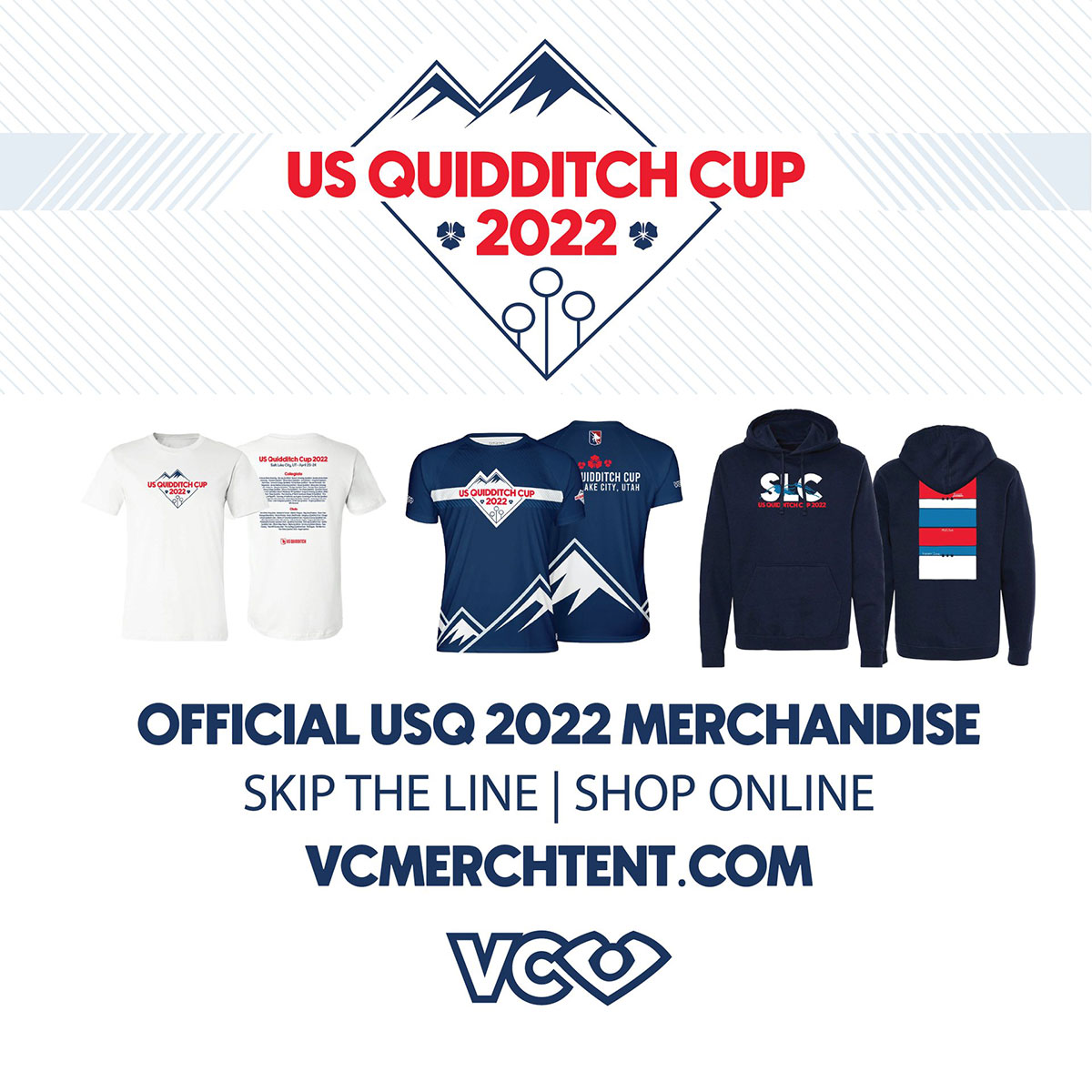 US Quidditch Cup 2022 merchandise collection featuring shirts, jerseys, hoodies, and event graphics.