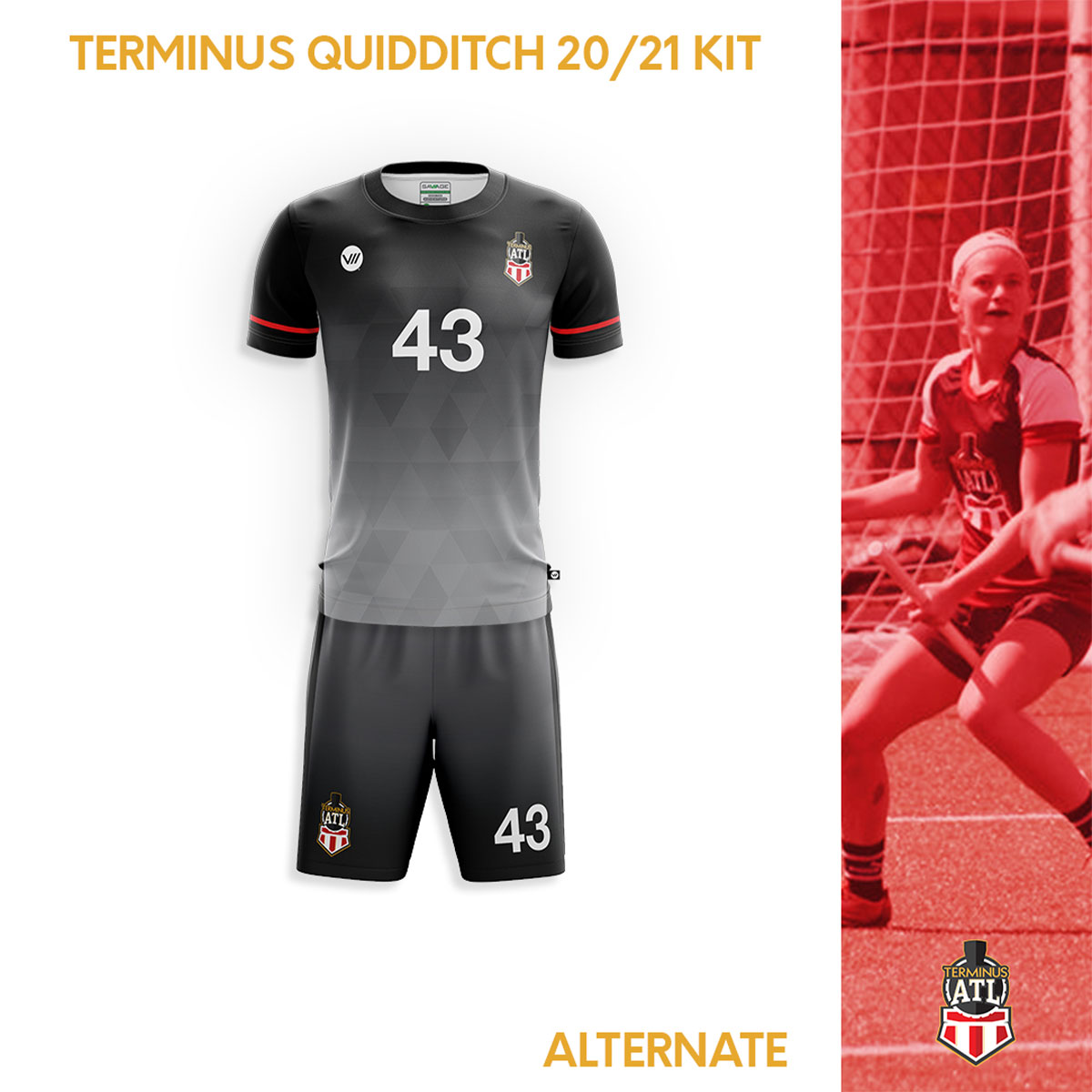Terminus Quidditch team kit system showing alternate uniform concepts and team branding.