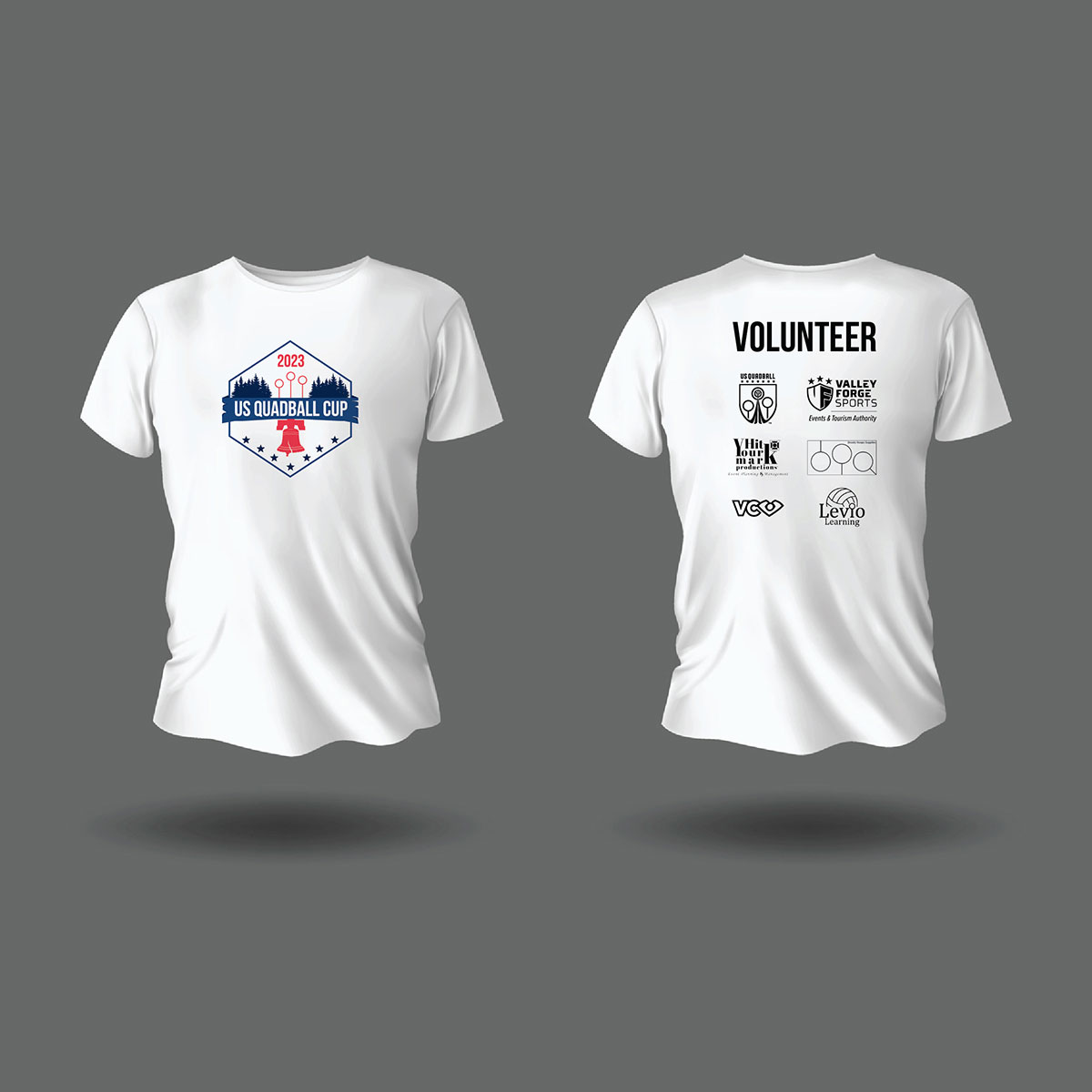 US Quadball Cup volunteer apparel featuring front and back event T-shirt designs.