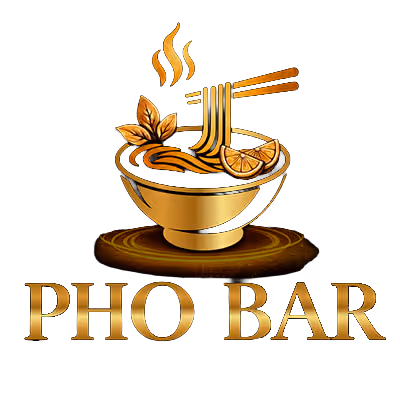 Golden bowl of steaming pho with chopsticks holding noodles and lemon slice, above text PHO BAR.