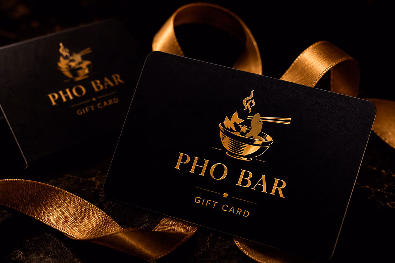 Black Pho Bar gift cards with gold lettering and bowl logo resting on a dark surface with gold ribbon.