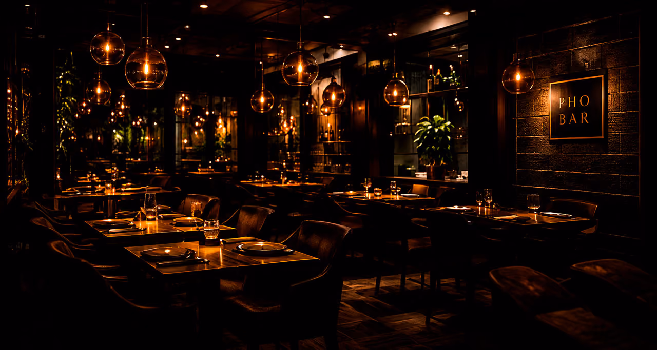 Dimly lit restaurant interior with hanging globe lights, wooden tables, chairs, and a 'PHO BAR' sign.