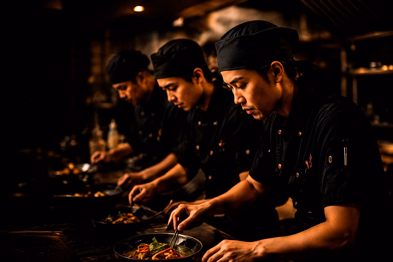 Three chefs in black uniforms carefully plating dishes in a dimly lit kitchen.