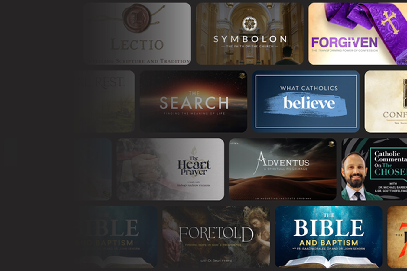 A grid of title screens from Augustine Institute programs