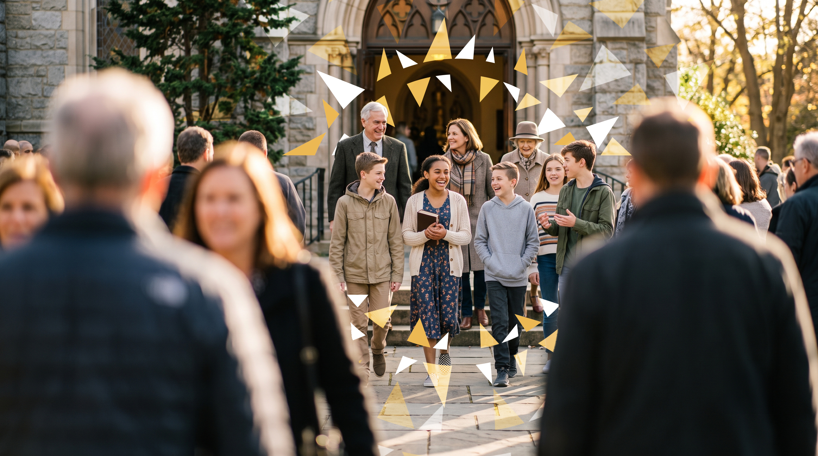 A group of diverse children exiting a church towards the camera and talking excitedly to each other, surrounded by the WItness Confirmation Program halo graphic