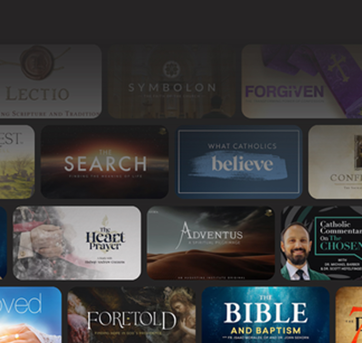 A grid of title screens from Augustine Institute programming