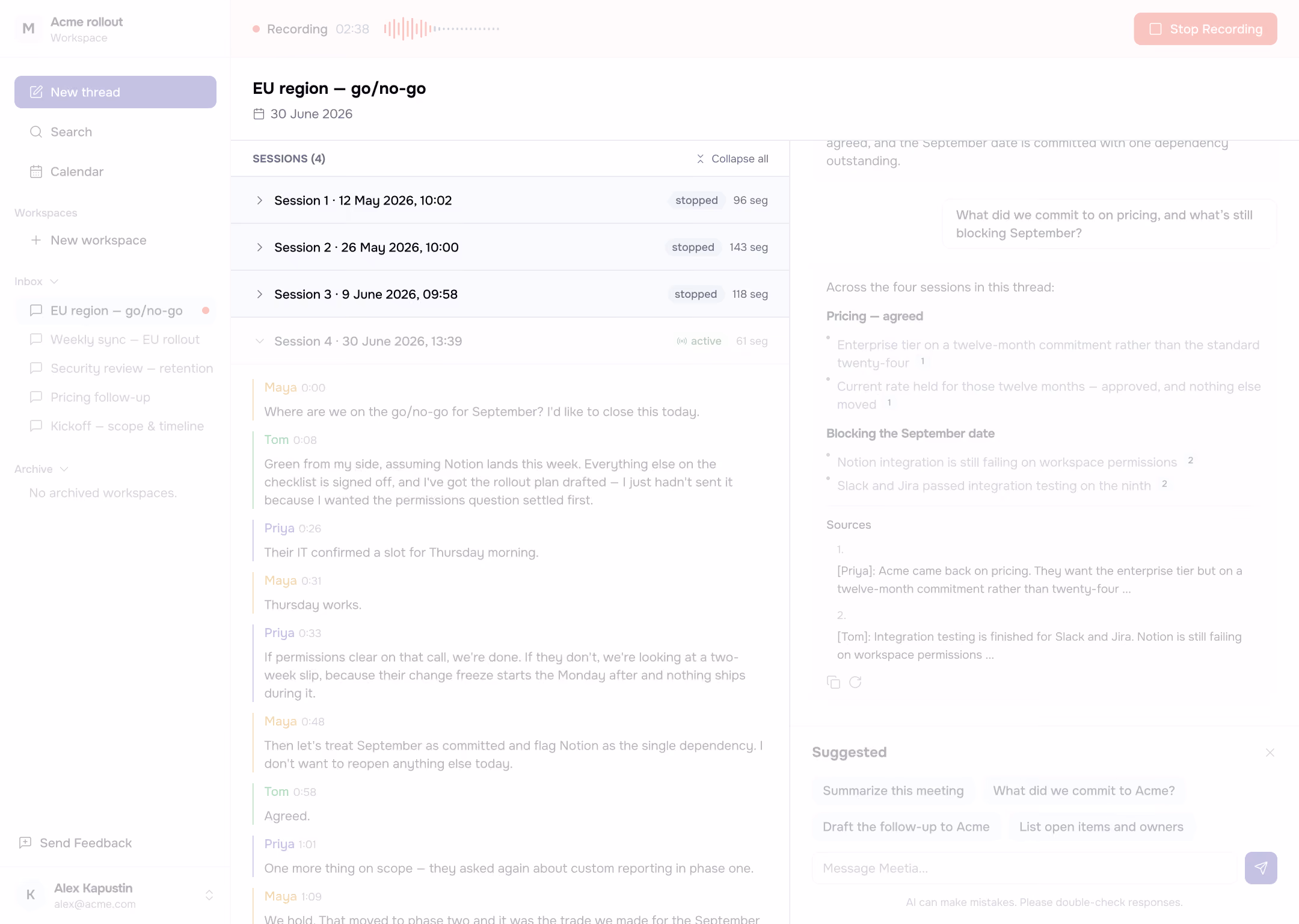 Meetia interface, interact view, light theme.