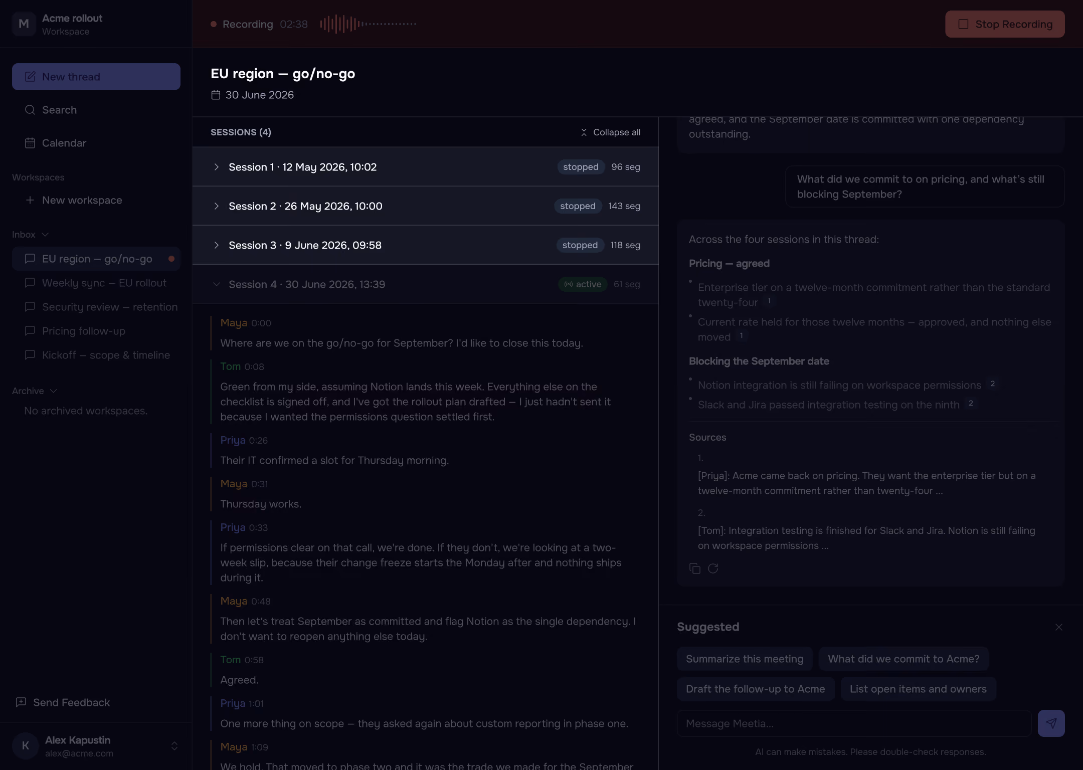Meetia interface, interact view, dark theme.