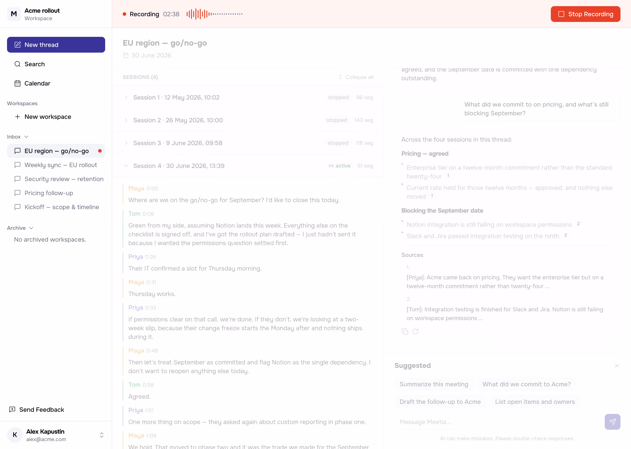 Meetia interface, organize view, light theme.