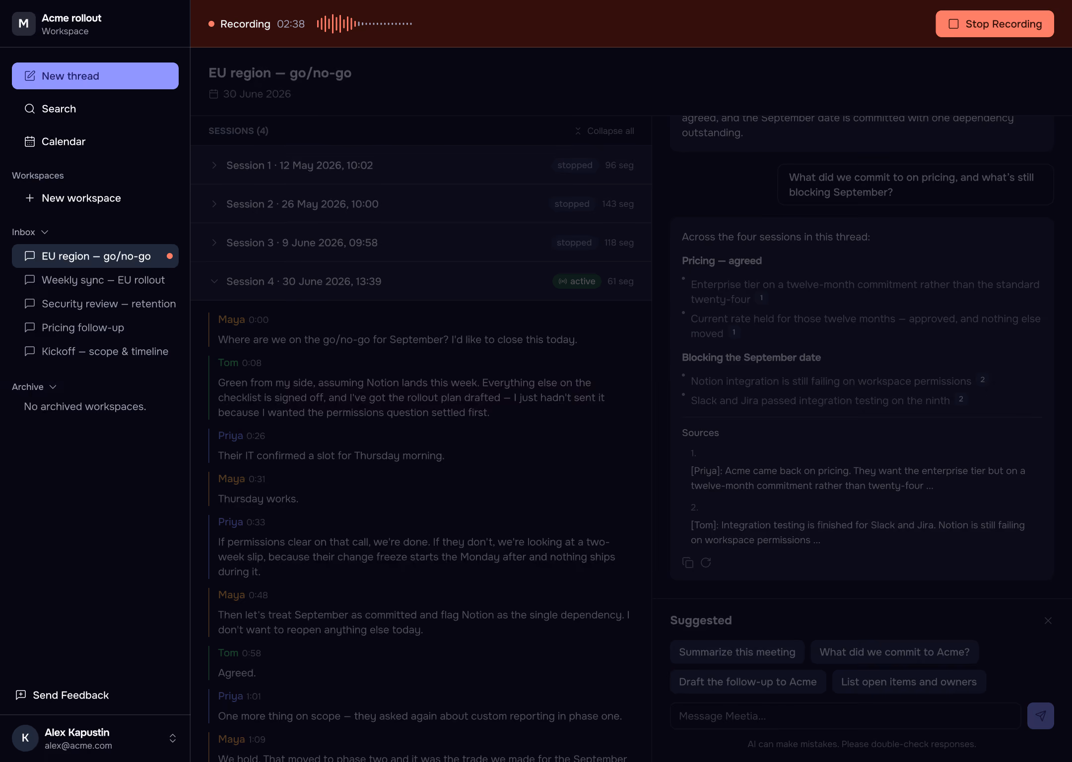 Meetia interface, organize view, dark theme.