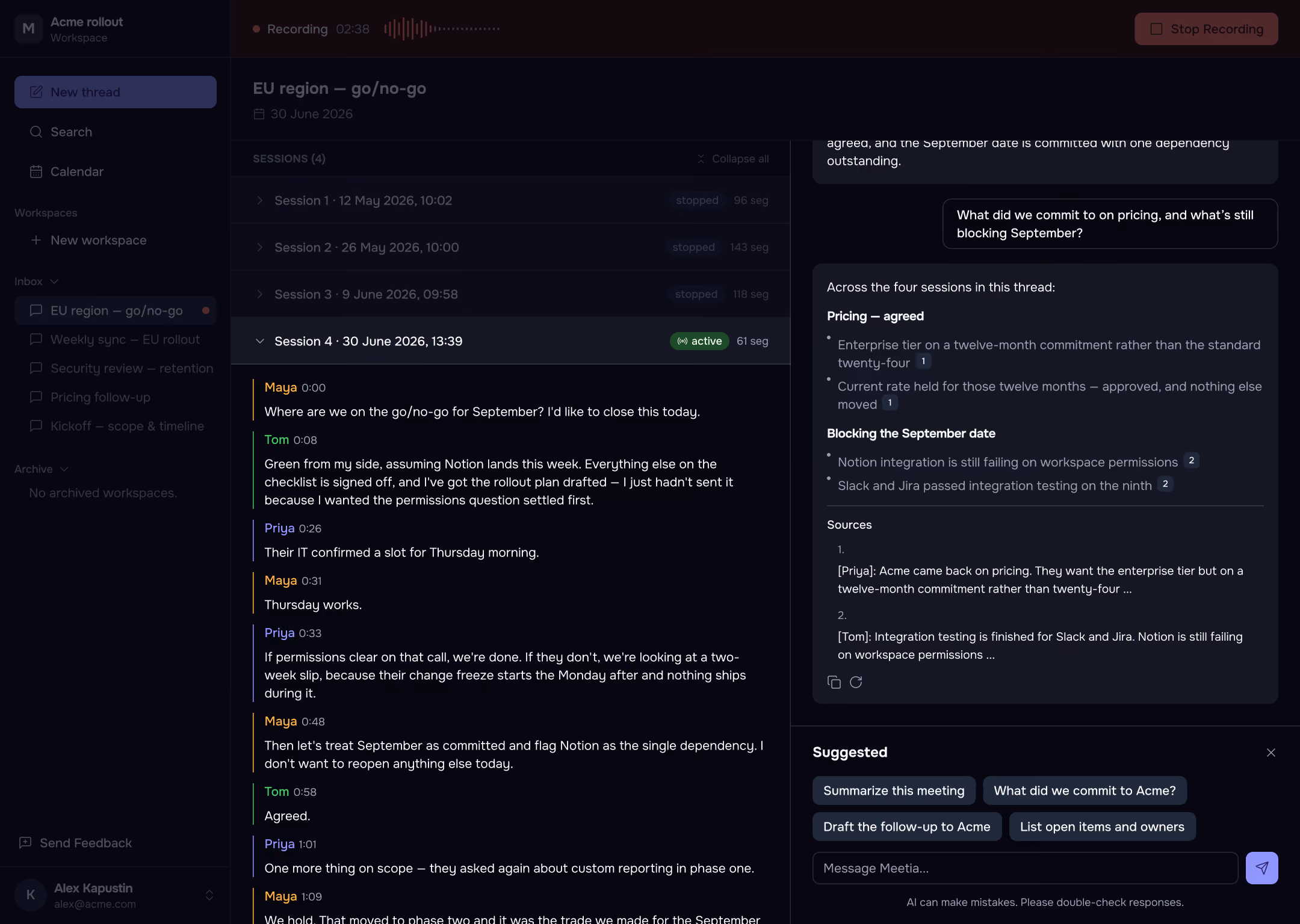 Meetia interface, capture view, dark theme.