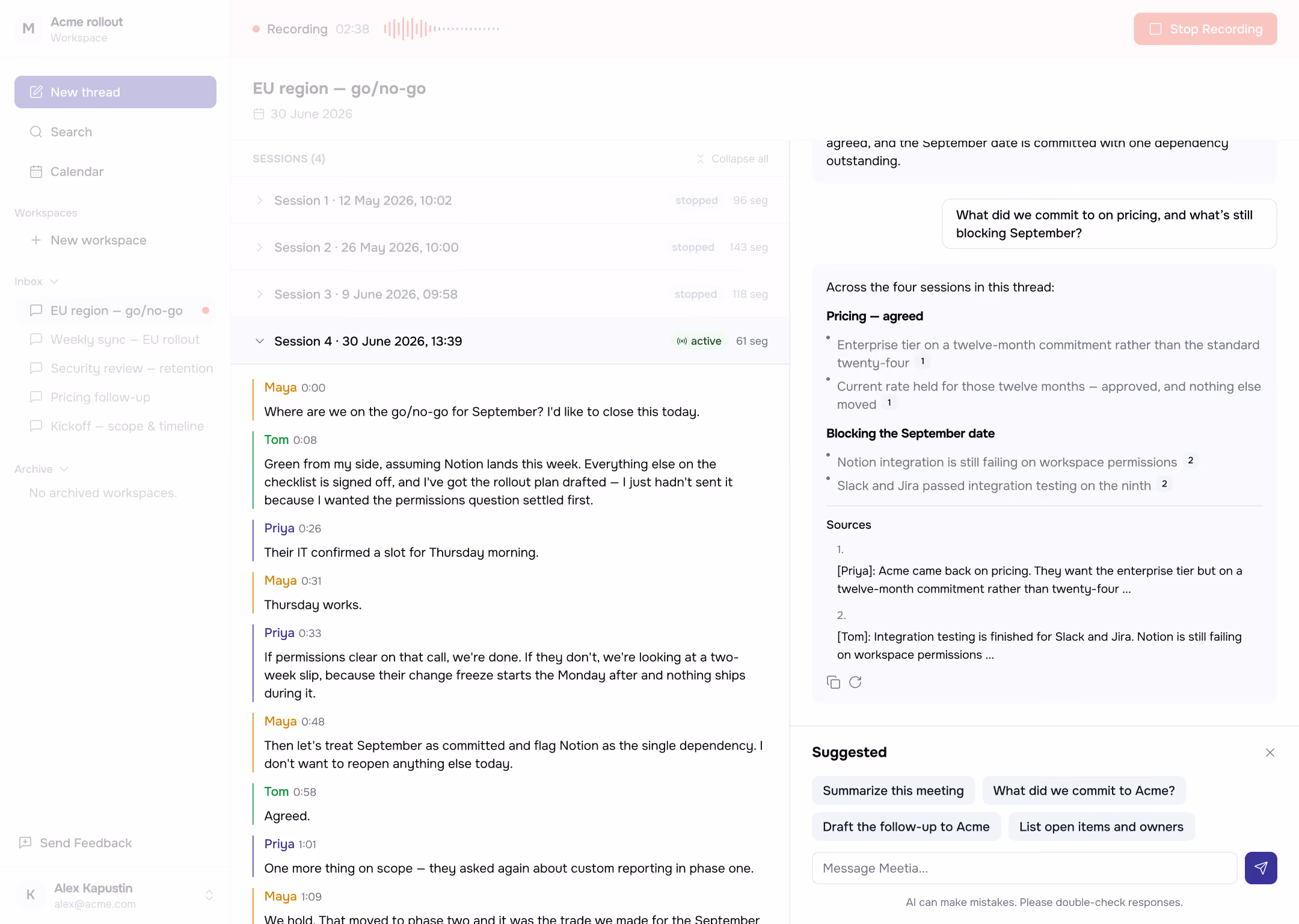 Meetia interface, capture view, light theme.
