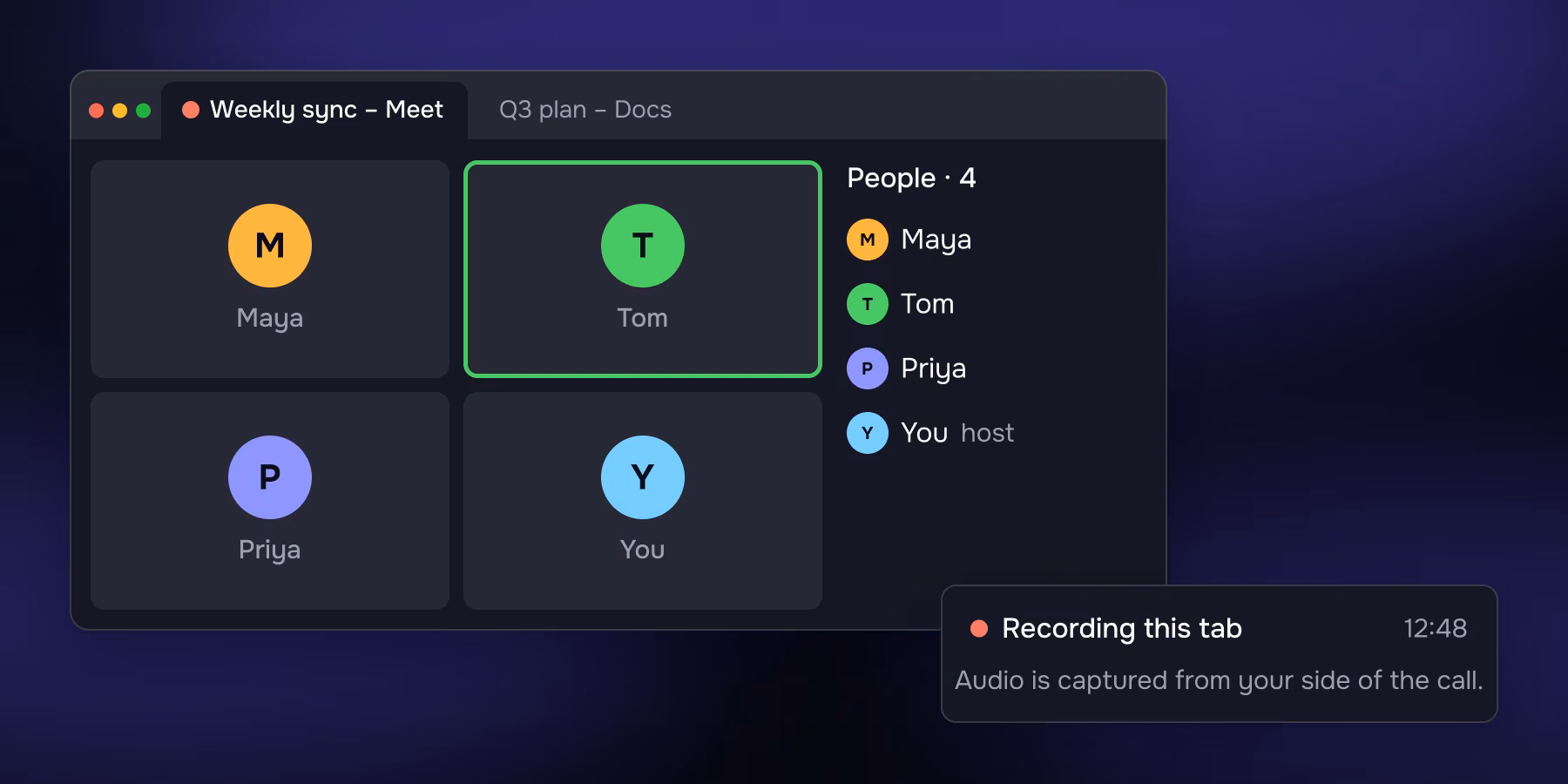 A browser call recorded by Meetia: the people list shows only the four people on the call