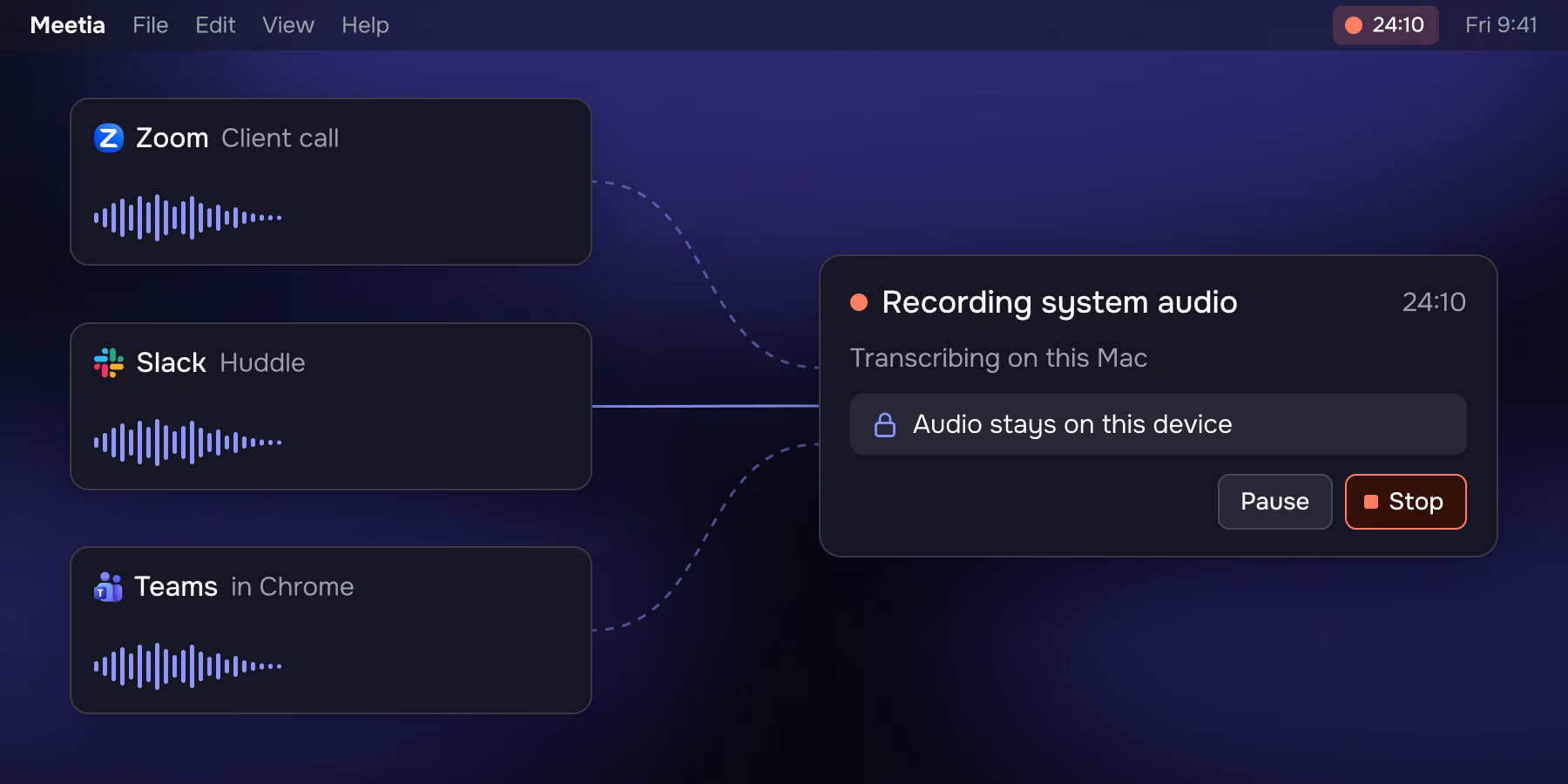 The Meetia Mac app recording system audio from Zoom, Slack and Teams, transcribing on this Mac