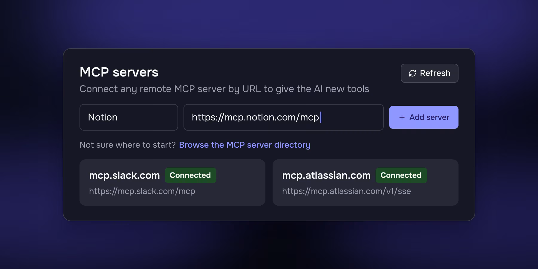 Meetia Settings, MCP servers: adding the Notion MCP server by URL, with Slack and Atlassian servers already connected