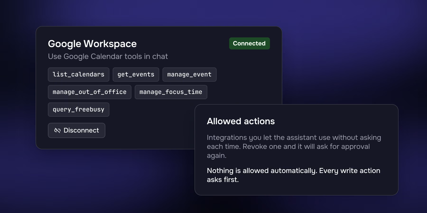 Meetia Settings: Google Workspace connected with its Calendar tools, and Allowed actions: every write action asks first