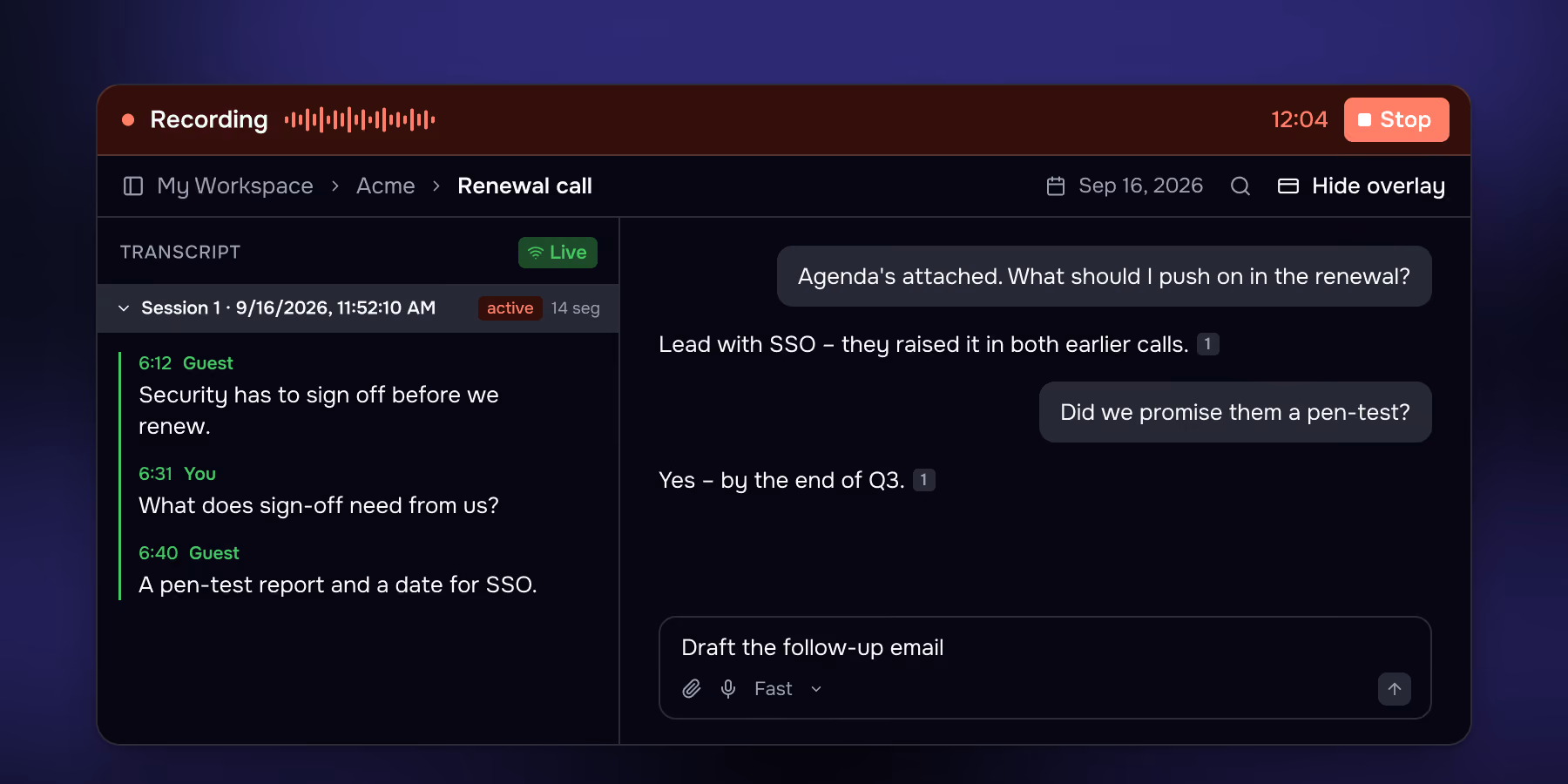 A Meetia thread while recording: the live transcript beside the same chat that holds the prep question, a question asked during the call and a follow-up being typed