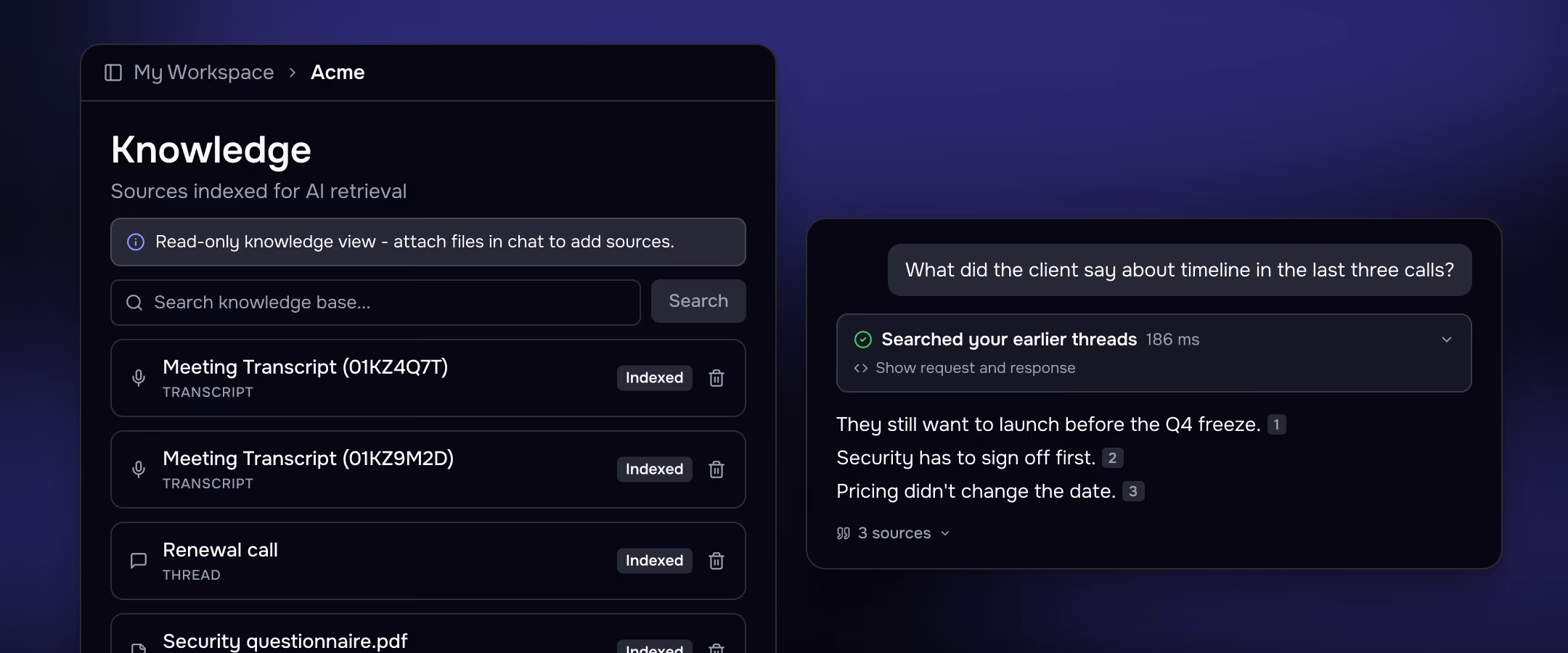 A workspace Knowledge screen with indexed transcripts, a thread and a document, beside a chat answer about timeline citing three sources