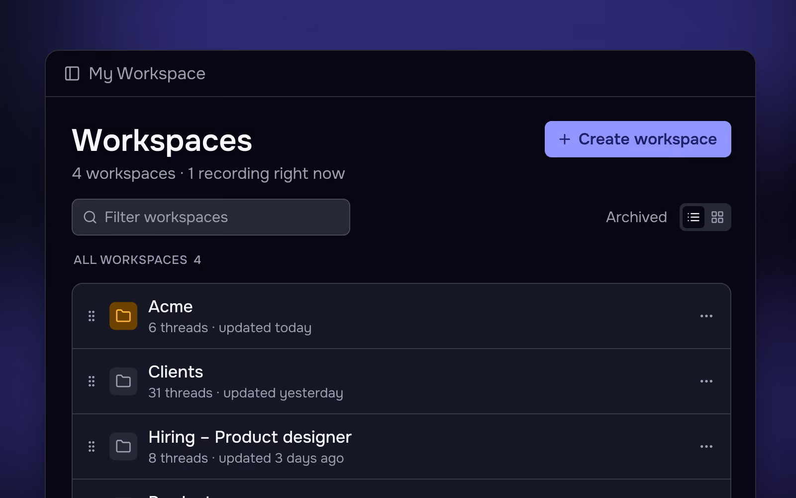 The Workspaces screen listing Acme, Clients, Hiring and Product with their thread counts