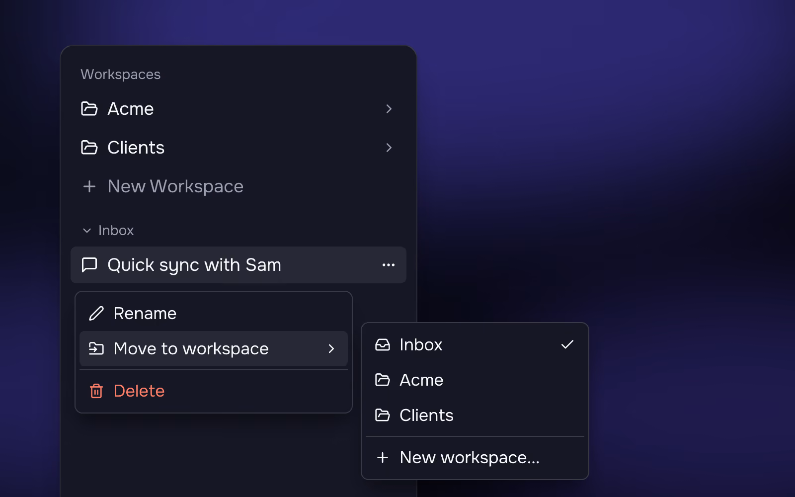 An Inbox thread's menu open on Move to workspace, listing Inbox, Acme, Clients and New workspace