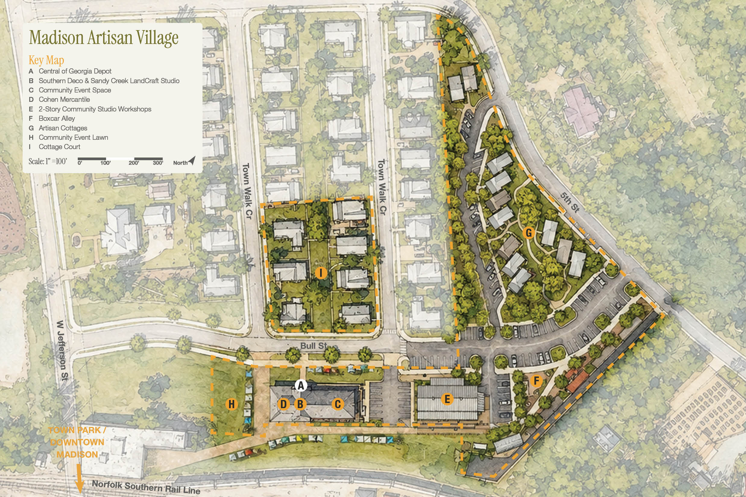 Map of Madison Artisan Village highlighting buildings, streets, parking, green spaces, and labeled key points.