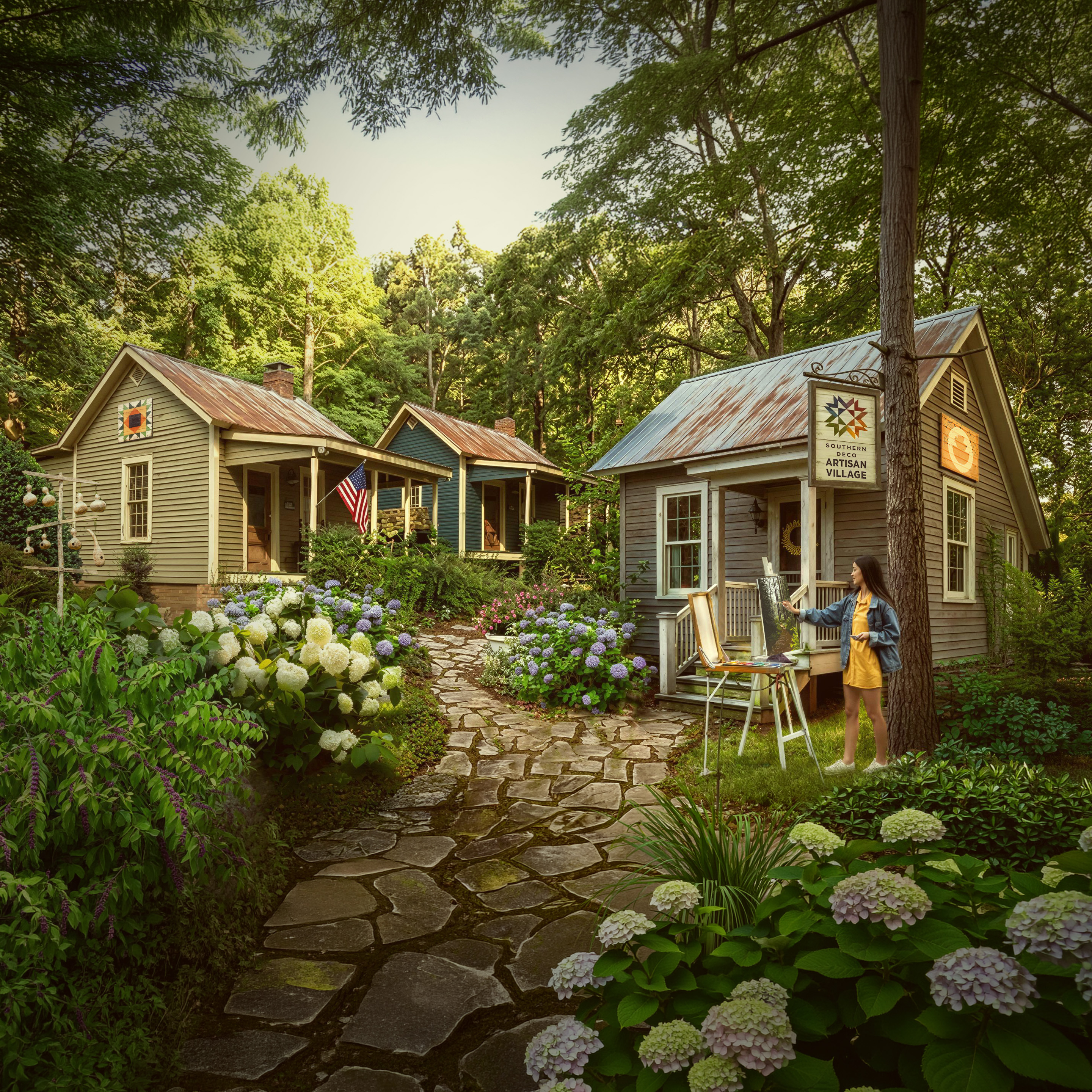 Woman painting outdoors near quaint cottages with gardens in lush green forest setting.